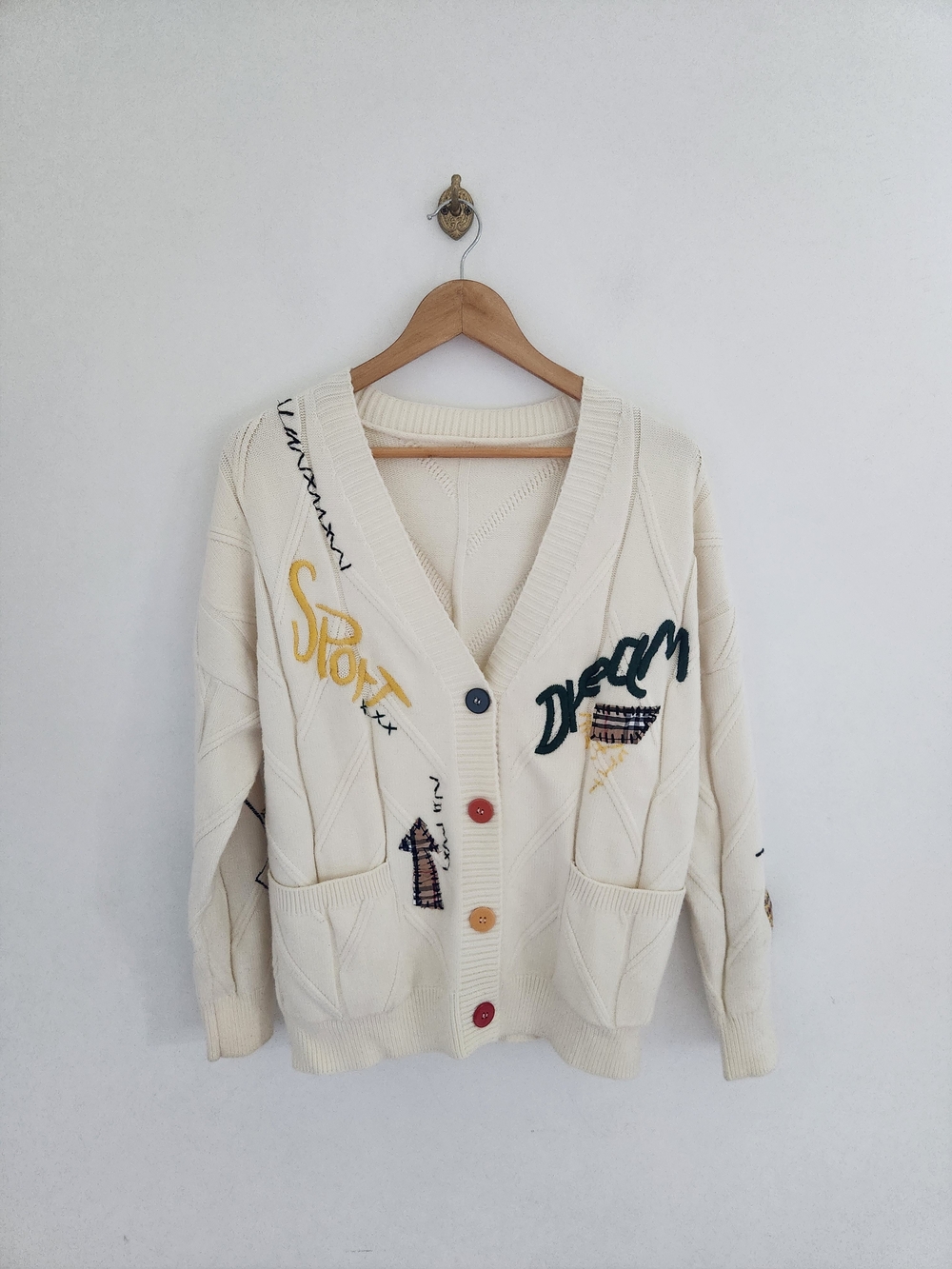 Cream Embroidered V-Neck Cardigan with Button & Embroidery Detail Size Medium